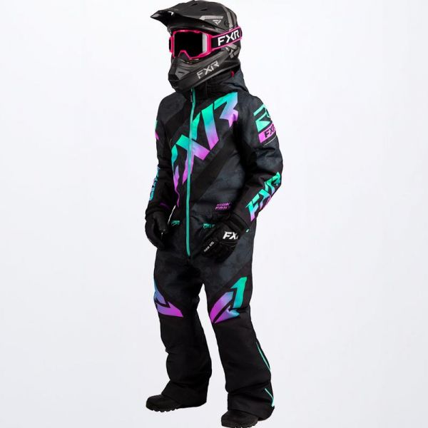 Kids Monosuits FXR Child Snowmobil Monosuit CX Black Camo/Mint-E Pink Fade