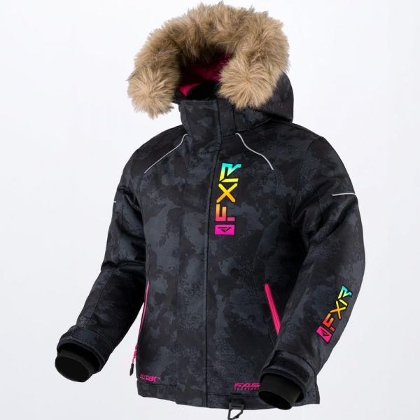 Kids Jackets FXR Youth Snowmobil Jacket Fresh Black Camo/Sherbert